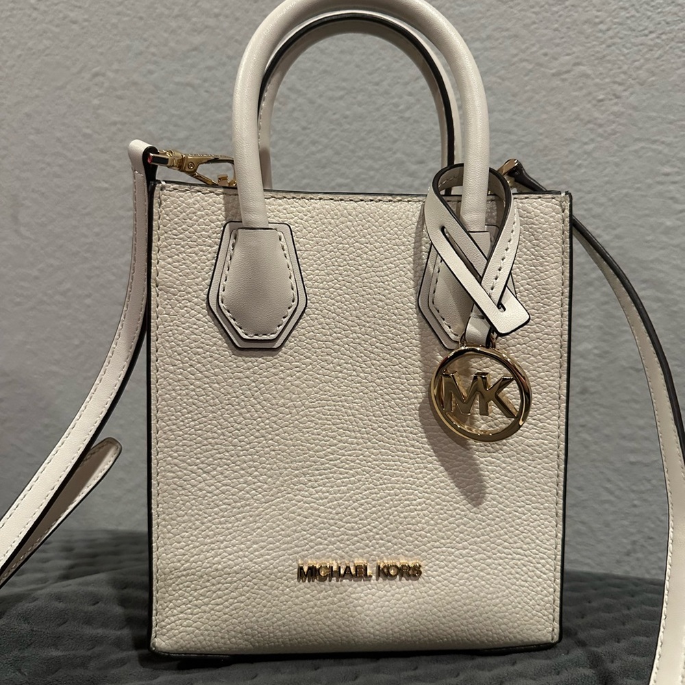 Michael Kors Cream Pebbled Leather Mini Satchel with Gold MK Charm